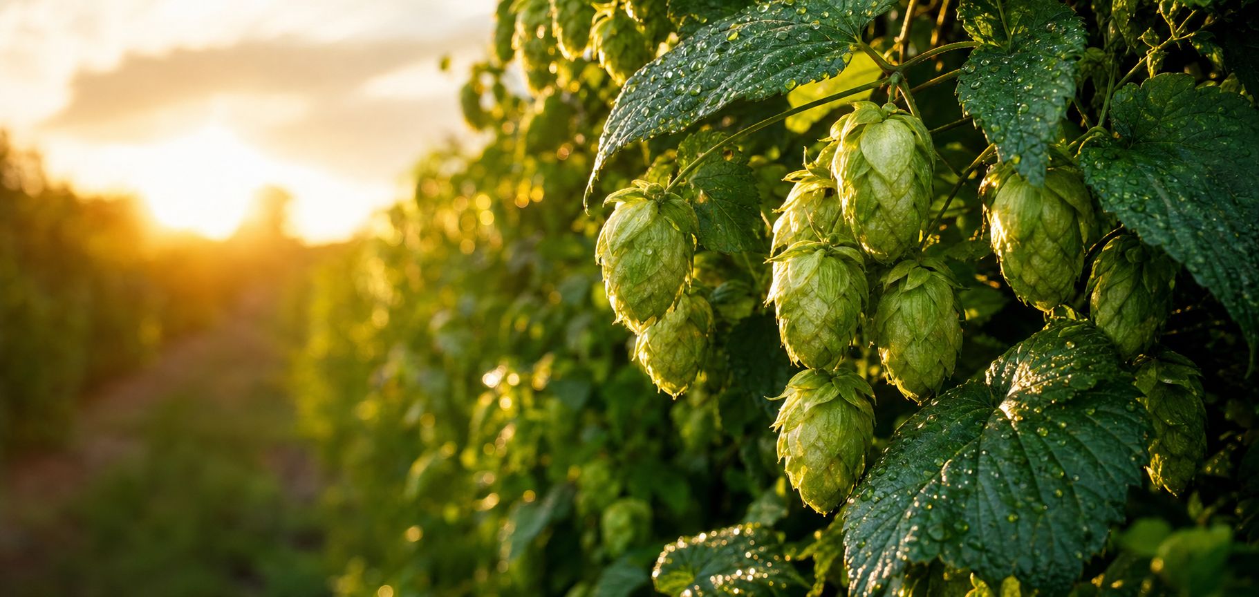 Nahaufnahme von frischen Hopfendolden im Abendlicht