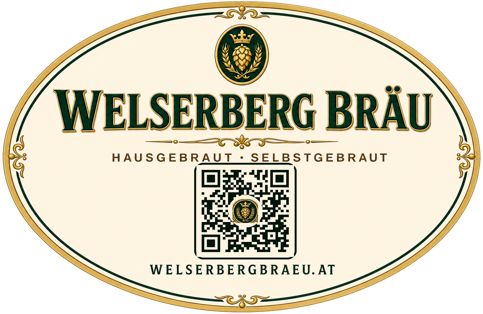 Flaschenhalsetikett von Welserberg Bräu mit Berg-Logo und QR-Code zur Website