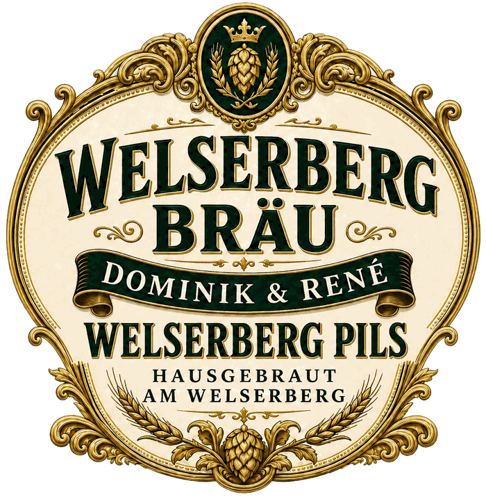 Hauptetikett von Welserberg Bräu mit goldener Verzierung, Hopfen-Wappen und Schriftzug Welserberg Bräu, Dominik & René